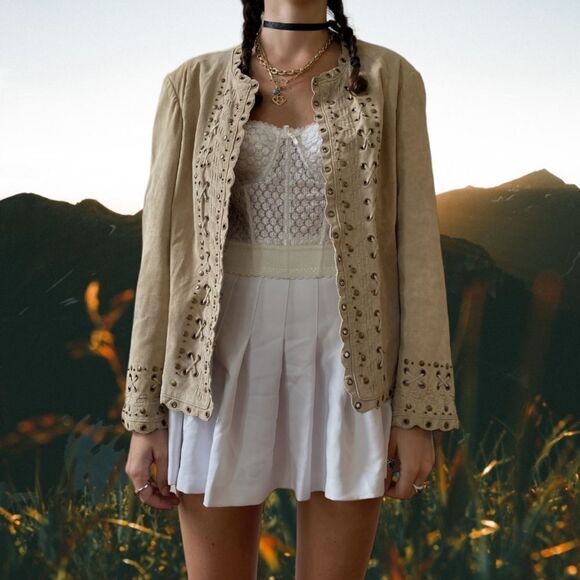 CHICO'S Suede Leather Studded Lace-Up Western Boho Jacket M - Picture 1 of 8